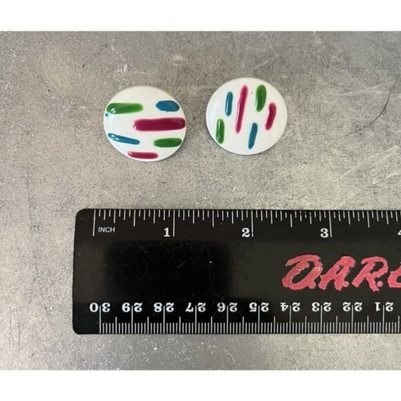 Vtg 80s Pierced‎ Earrings Plastic Round White Green Teal Purple Gemstone Colors - Picture 3 of 4